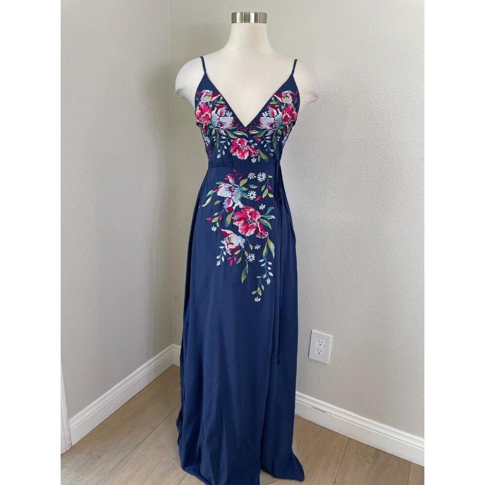 Soieblu Womens Small Navy Floral Embroidered Wrap Maxi Dress Sleeveless‎